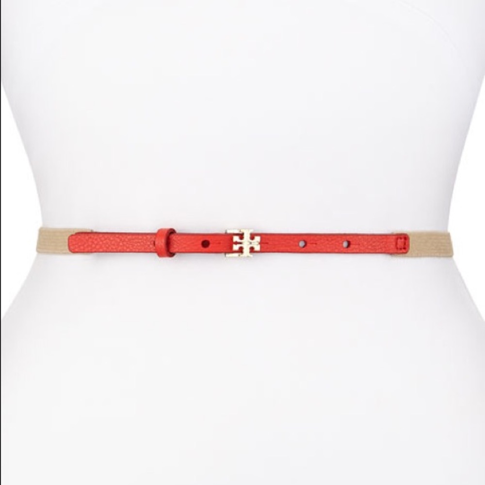 Tory Burch Leather & Stretch Canvas Skinny Belt